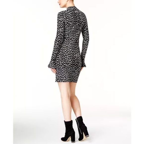 Michael Kors Black Metallic Silver Cheetah Print Bell Sleeve Sheath Dress  - Picture 1 of 9